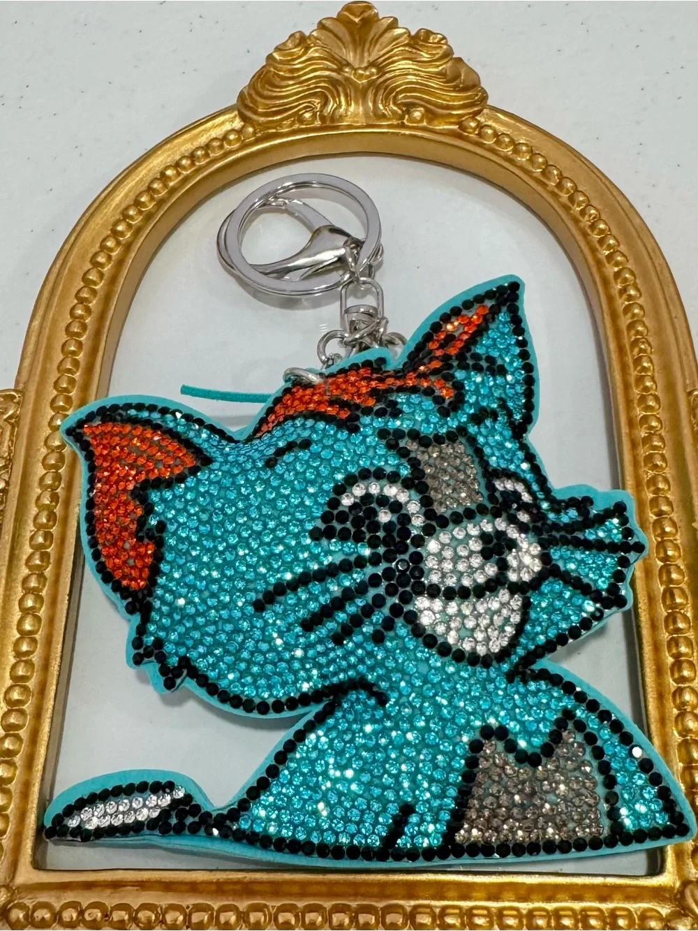 New Turquoise Crystal Cat Keychain with Orange Accents